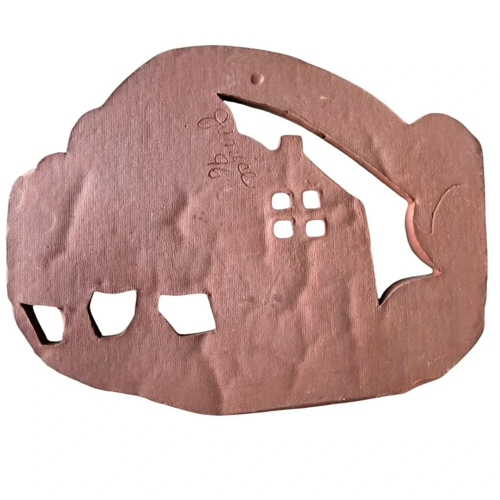 Vintage 1996 Signed‎ Terracotta Folk Art Wall Plaque Studio Pottery Landscape